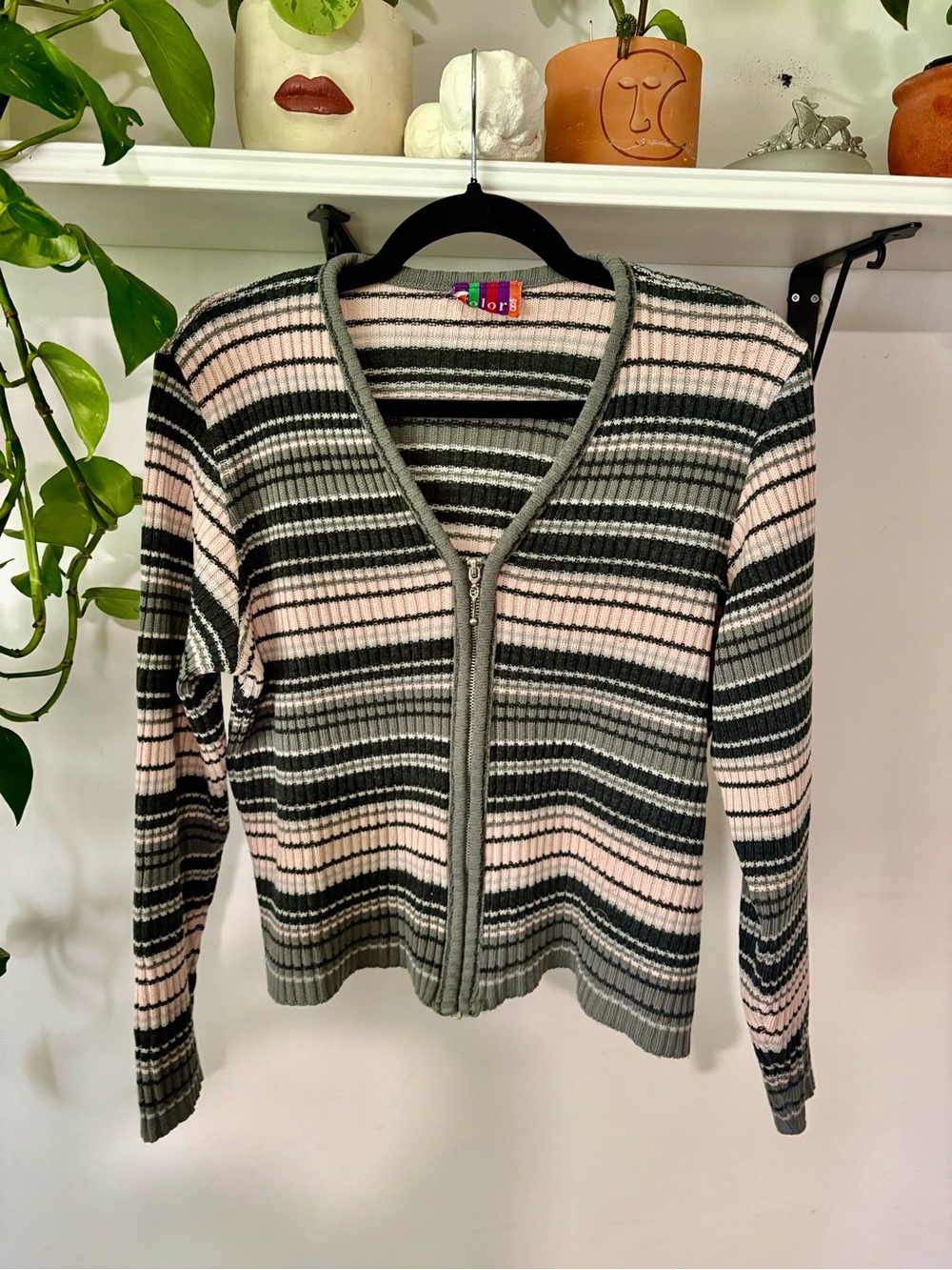 Striped Ribbed Zip-Front Sweater Cardigan - Pink & Gray
